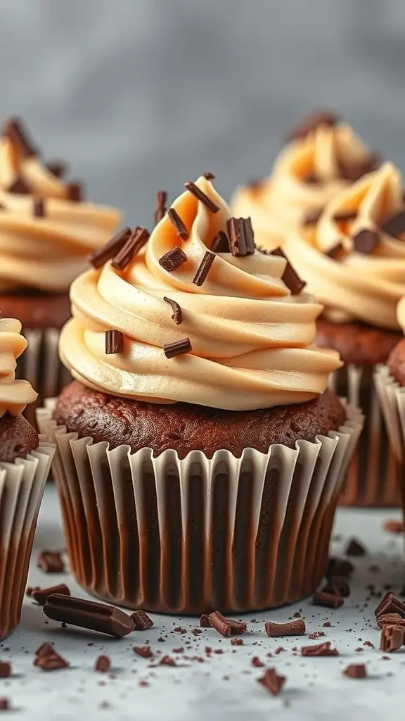 Close-up of chocolate peanut butter cupcakes with creamy frosting and chocolate shavings