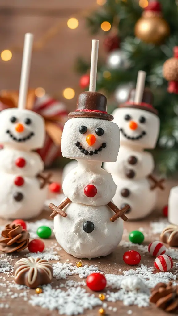 Cute snowman marshmallow pops decorated with candy features