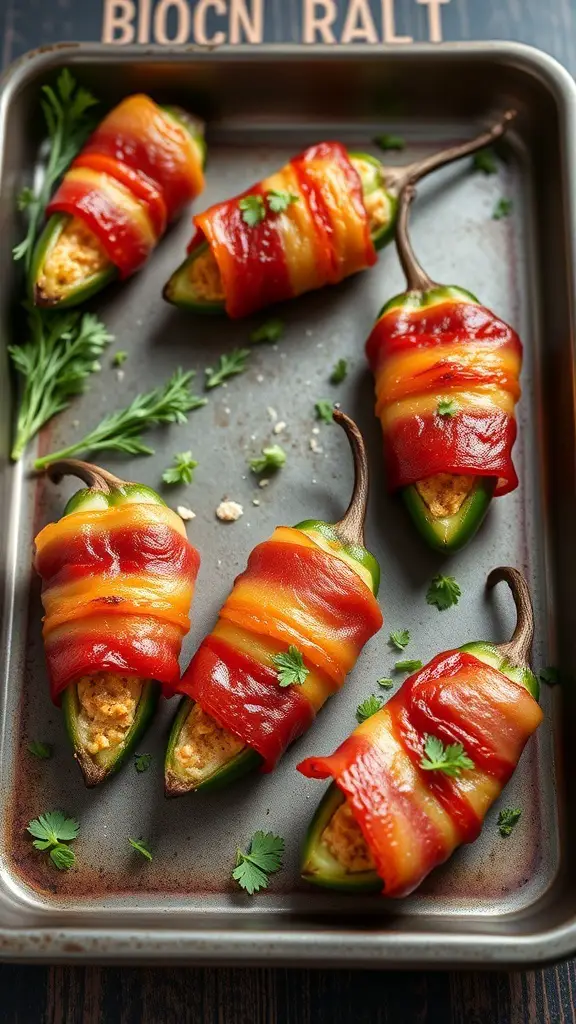 A tray of spicy bacon-wrapped jalapeño poppers, garnished with fresh herbs.
