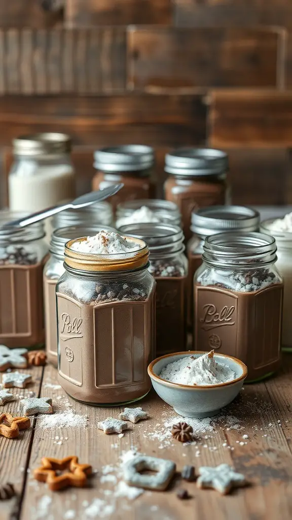 Jars of homemade hot chocolate mix with marshmallows and spices on a wooden table.