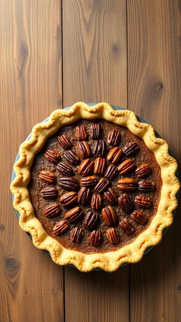 A freshly baked pecan pie with a flaky crust and topped with pecans on a wooden table.