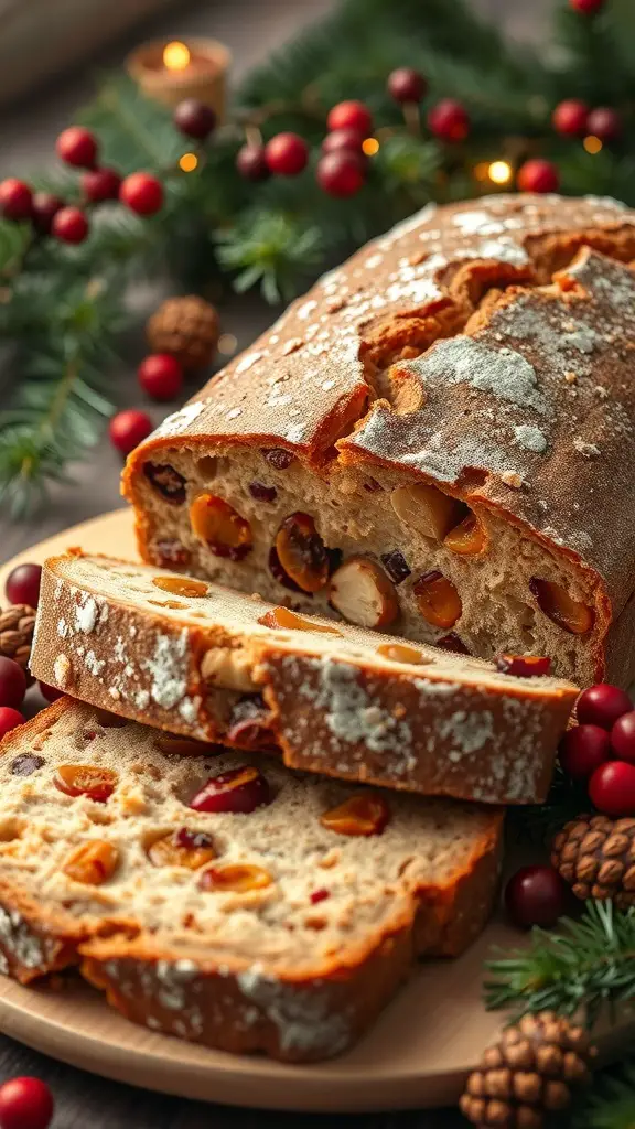 A loaf of Zelten, an Italian fruit and nut bread, sliced to reveal its colorful interior filled with dried fruits and nuts.
