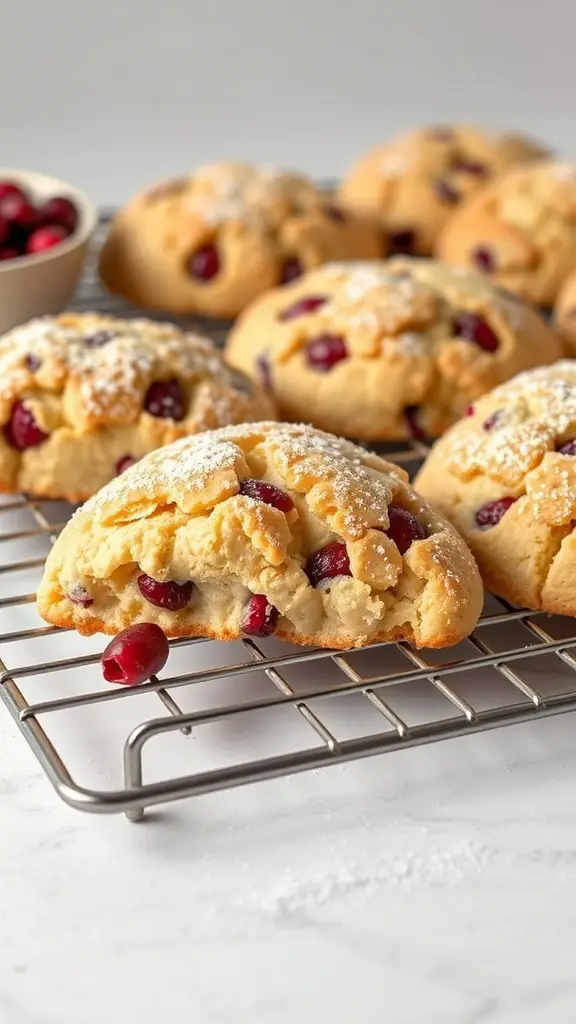 Freshly baked cranberry orange scones on a cooling rack, with a bowl of cranberries in the background.
