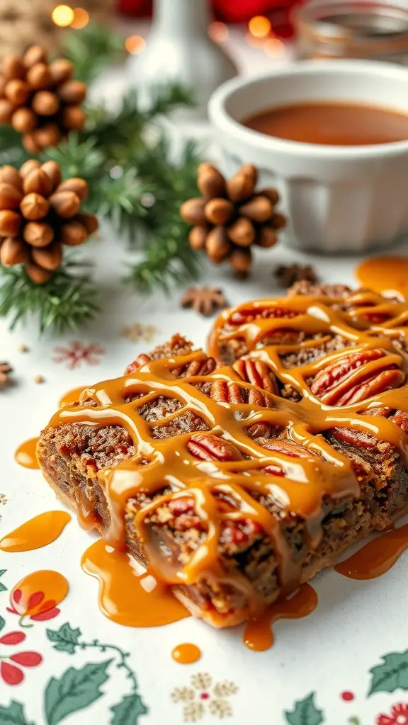 Pecan pie bars drizzled with caramel on a festive table setting