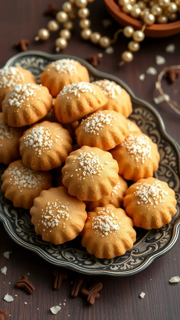 A plate of chocolate coconut macaroons topped with sprinkles.