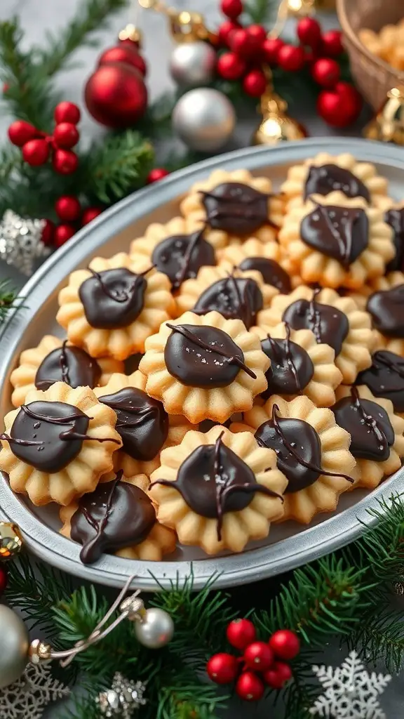 A platter of Mostaccioli cookies with chocolate glaze, surrounded by holiday decorations.