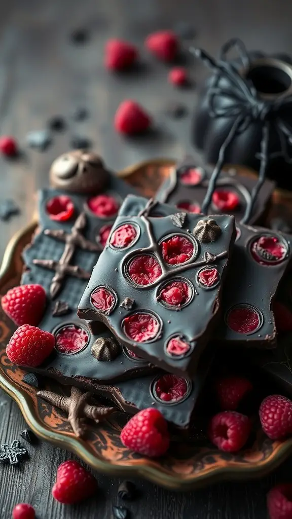 Vampire Blood Raspberry Chocolate Bark with raspberries and spooky decorations