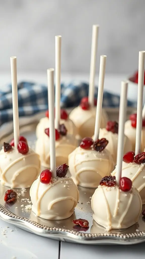 A tray of white chocolate cranberry cake pops decorated with cranberries and white chocolate drizzle.