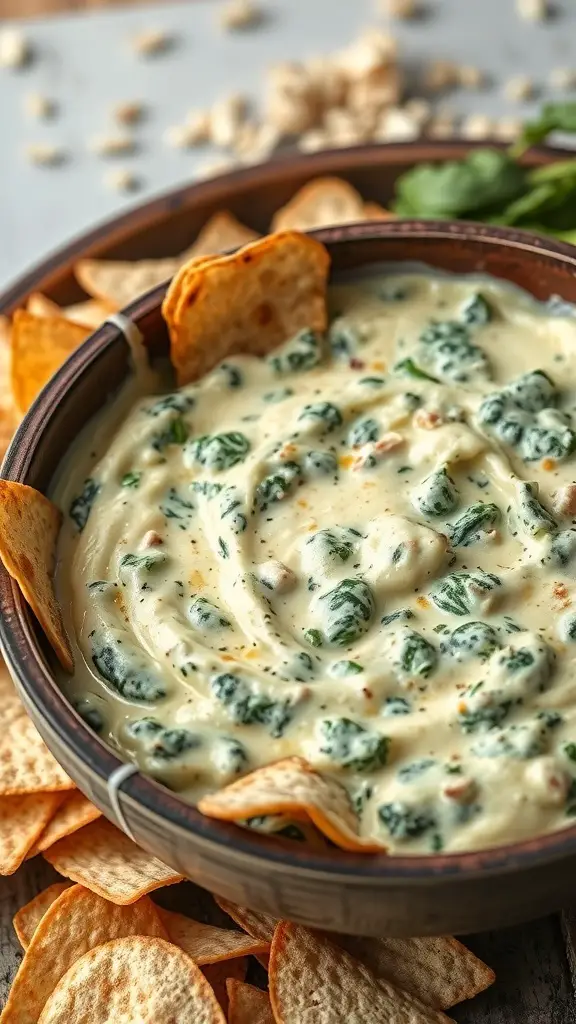 A bowl of creamy spinach artichoke dip surrounded by tortilla chips.