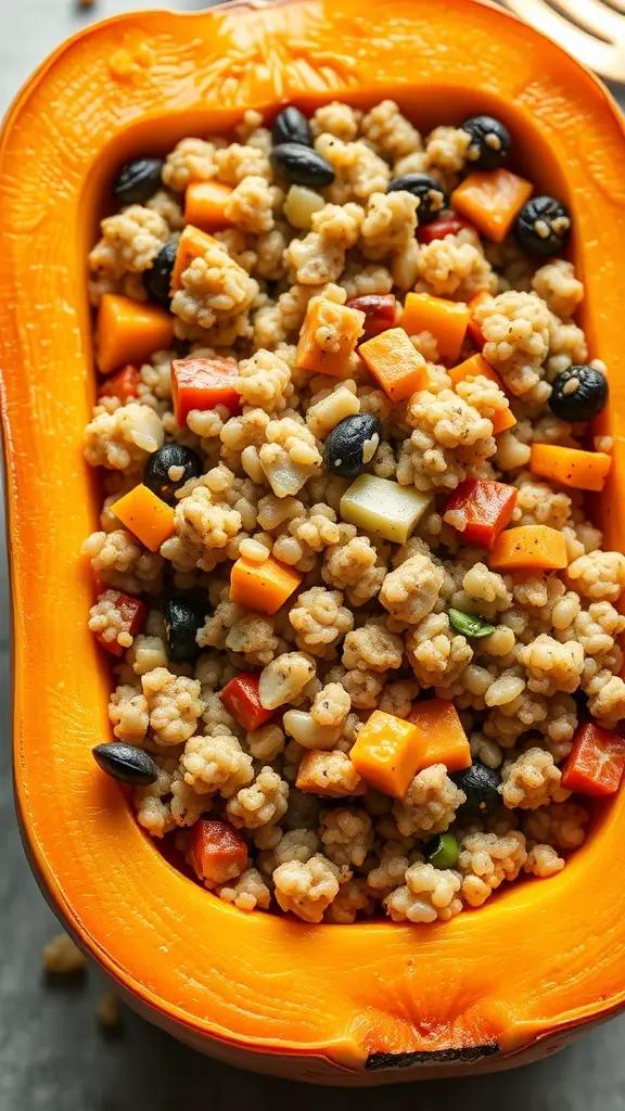 Stuffed butternut squash filled with grains, beans, and vegetables.