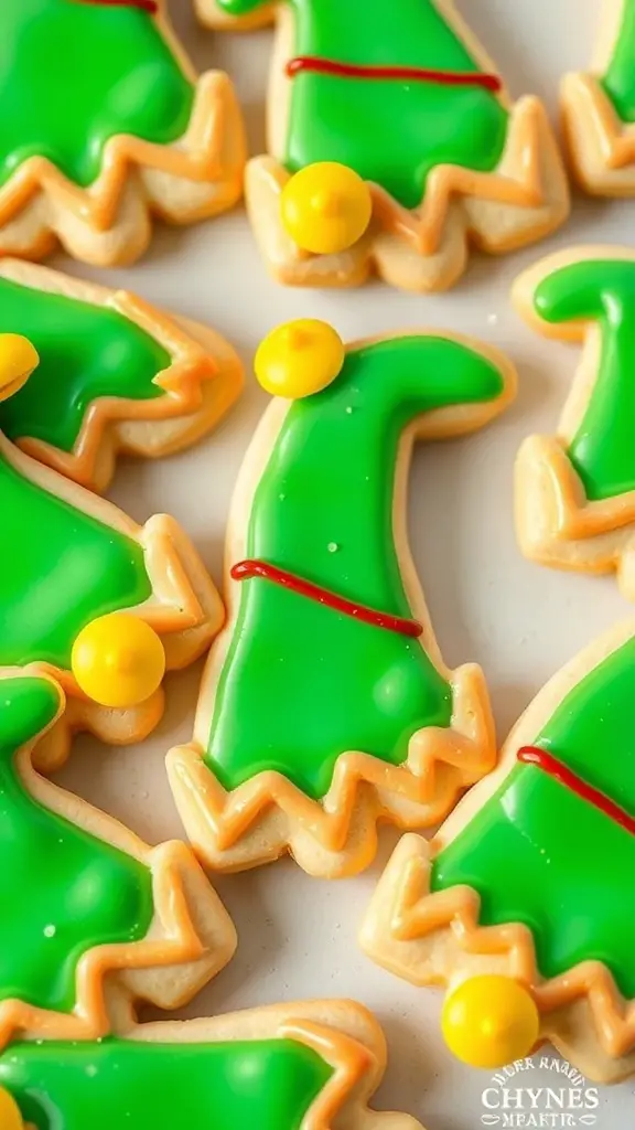 A close-up of decorated elf hat cookies with green icing and yellow pom-poms.