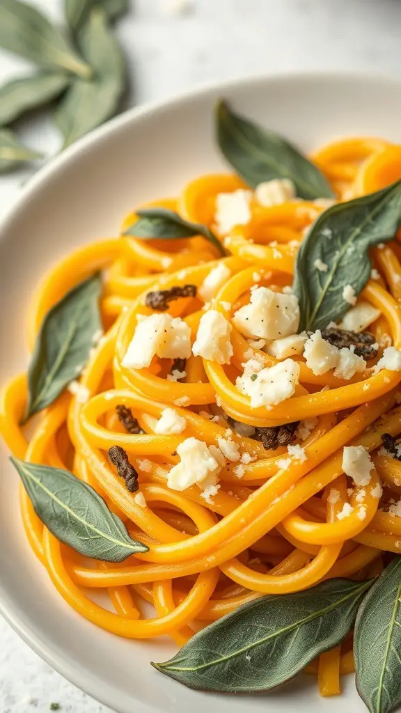 A plate of creamy butternut squash pasta garnished with sage leaves and cheese.