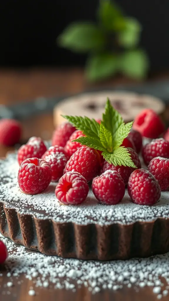 A dark chocolate tart topped with fresh raspberries and mint leaves, dusted with powdered sugar.