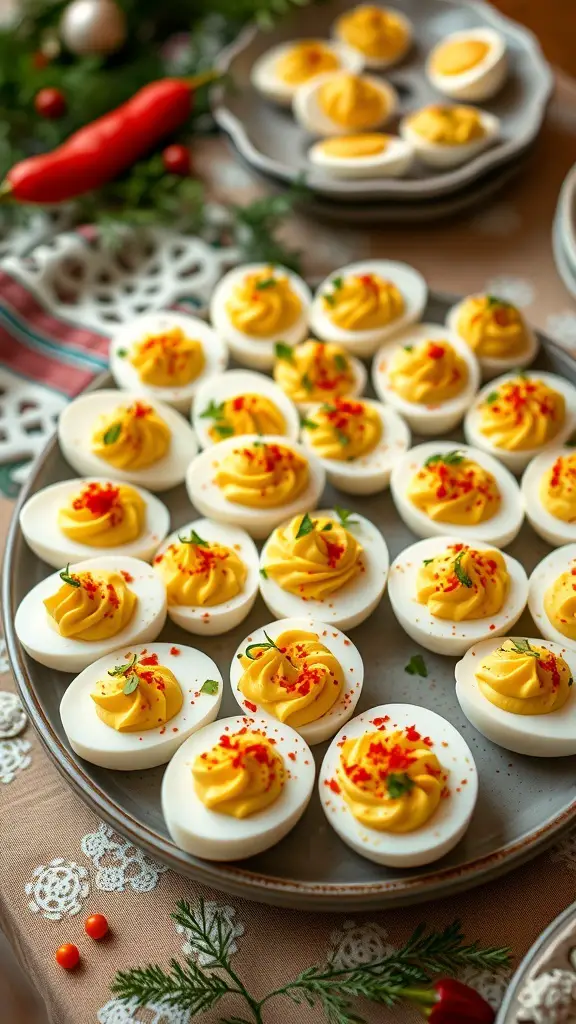 A platter of deviled eggs garnished with red pepper flakes and herbs.