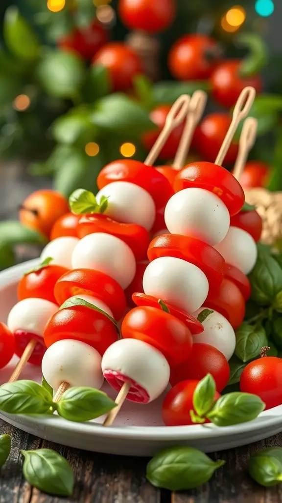Mini Caprese skewers with cherry tomatoes, mozzarella, and basil on a plate