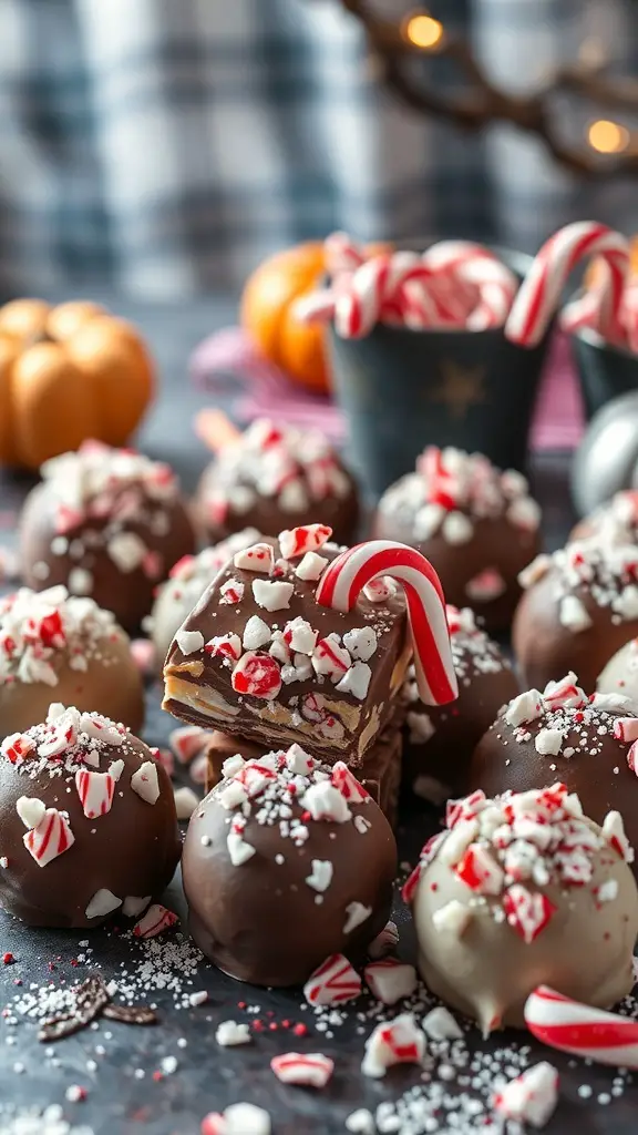 A variety of peppermint bark truffles decorated with crushed peppermint candies and a few candy canes.