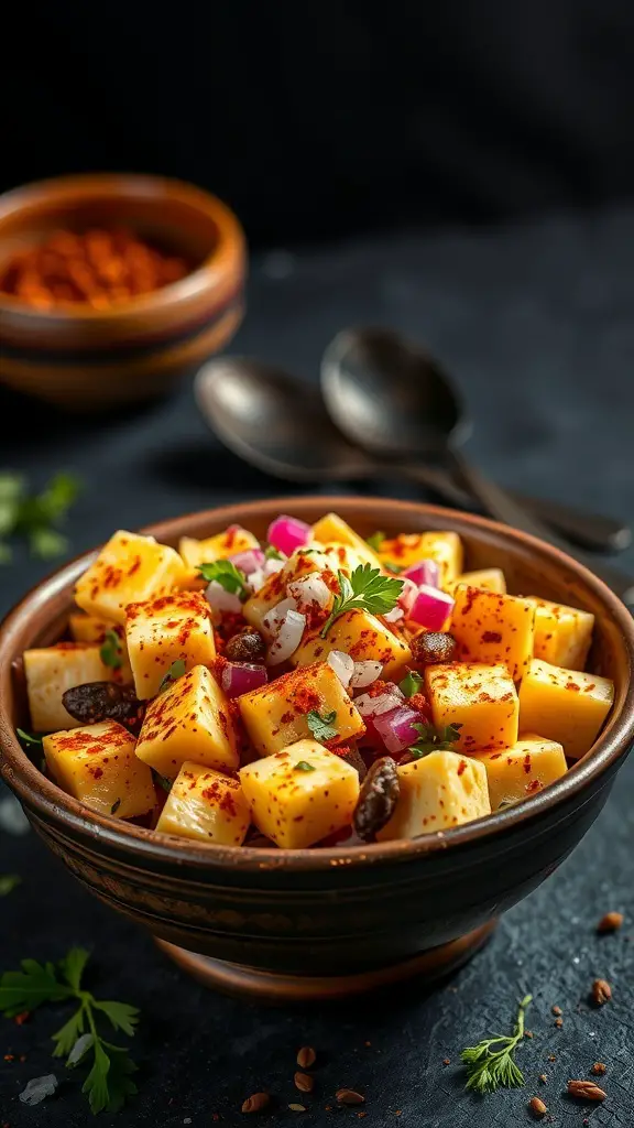 A bowl of paneer chaat topped with spices and fresh ingredients