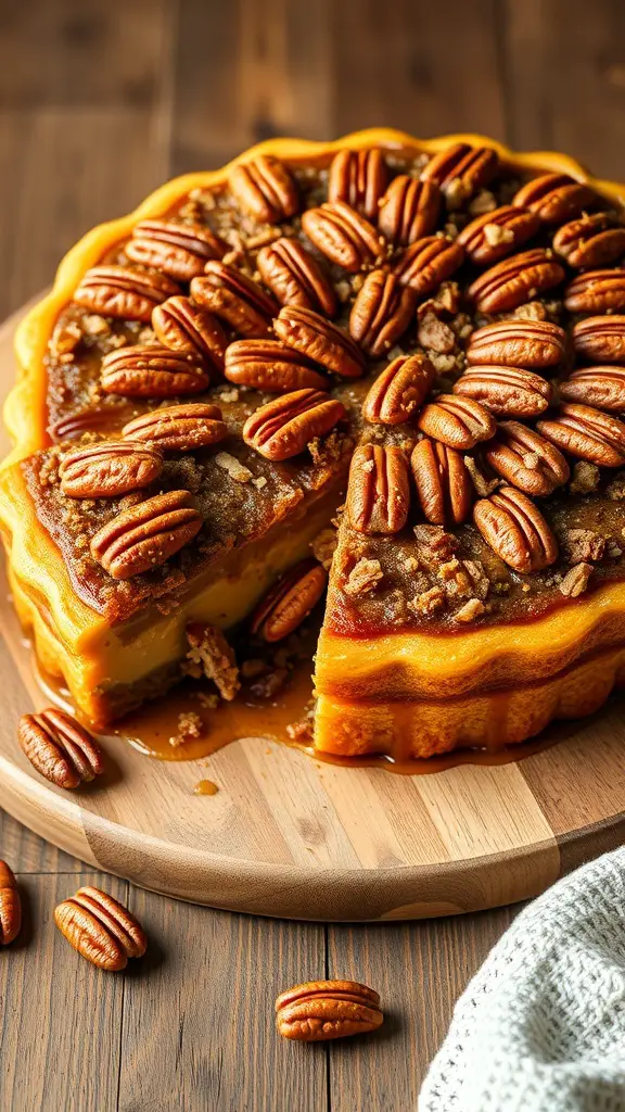 A delicious pecan pie cake topped with pecans and caramel, displayed on a wooden board.