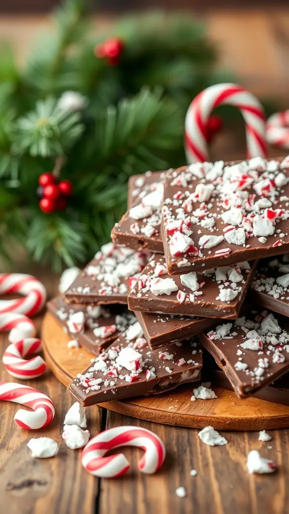 Chocolate peppermint candy bark with crushed peppermint candies on top, surrounded by candy canes and holiday greenery.