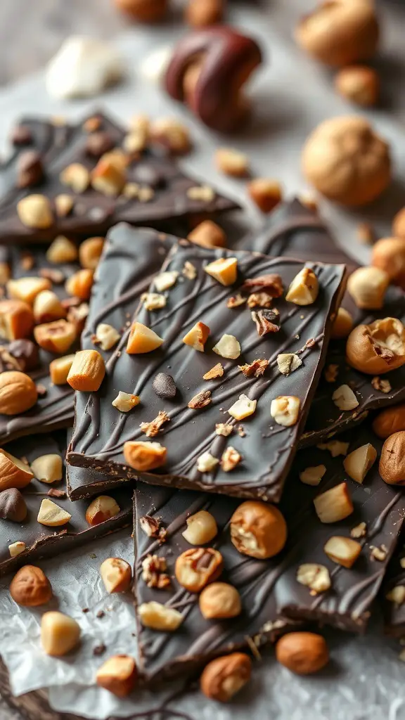 A close-up of dark chocolate bark topped with chopped hazelnuts, arranged on a surface with whole hazelnuts scattered around.