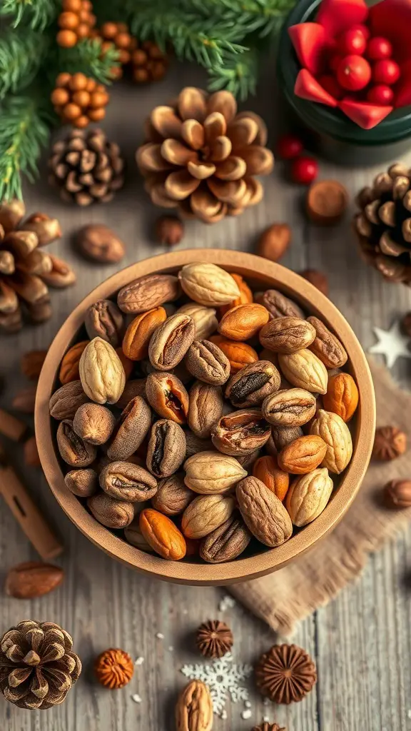 A wooden bowl filled with a variety of spiced nuts and dried fruits, surrounded by festive decorations like pine cones and greenery.