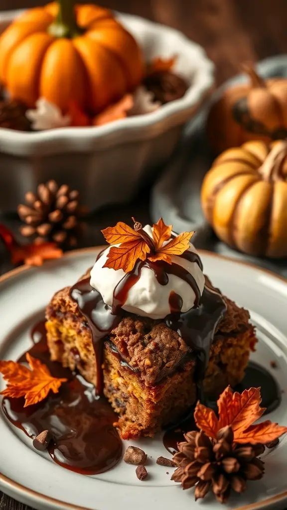 A slice of chocolate pumpkin bread pudding topped with whipped cream and chocolate sauce, surrounded by autumn decorations.