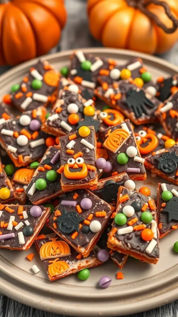 A plate of Halloween cracker bark decorated with colorful candies and sprinkles, surrounded by small pumpkins.