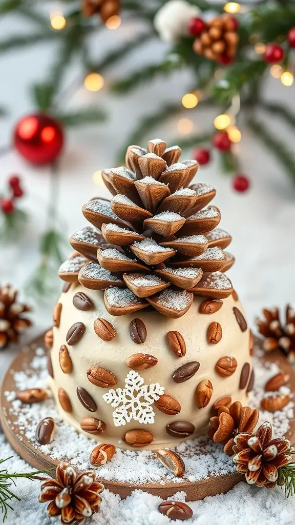 A beautifully decorated pinecone-shaped cake with nuts, set against a wintery background.