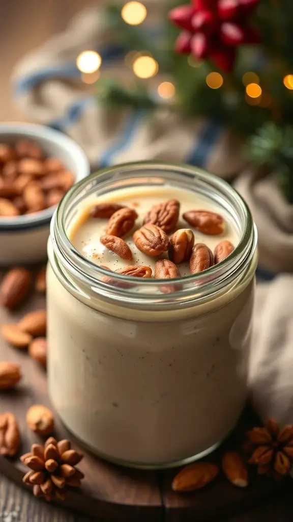 A jar of Eggnog Chia Pudding topped with spiced nuts, surrounded by festive decorations.
