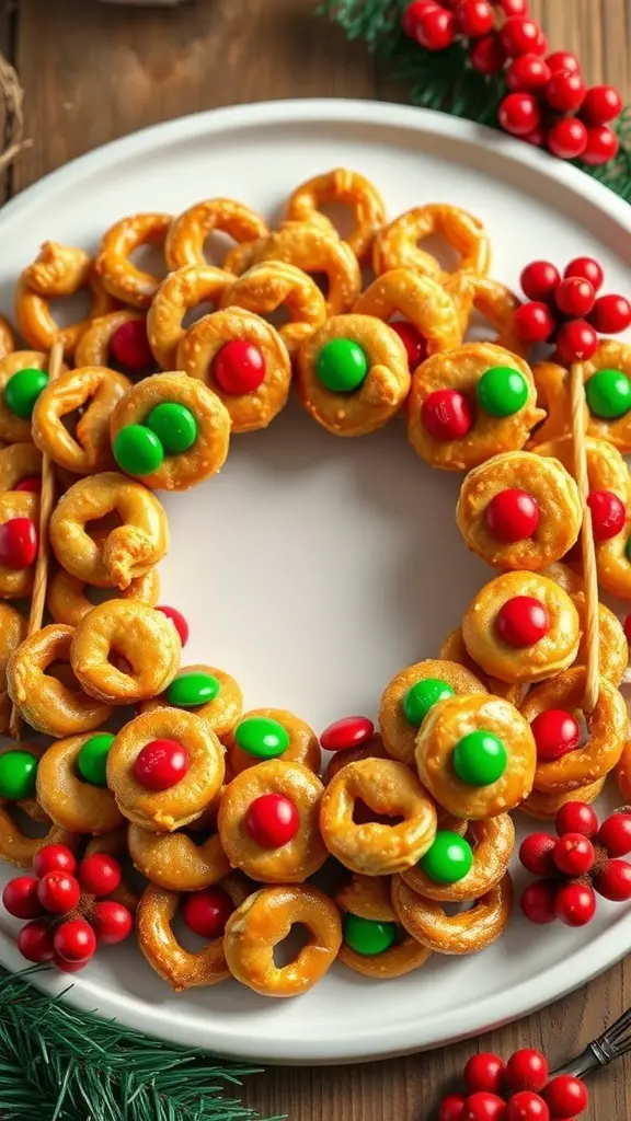 A plate of Christmas Wreath Pretzel Bites decorated with red and green candies.