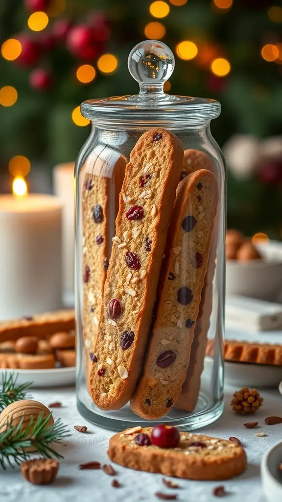 A jar filled with almond biscotti with dried fruits, set against a festive background with warm lights.