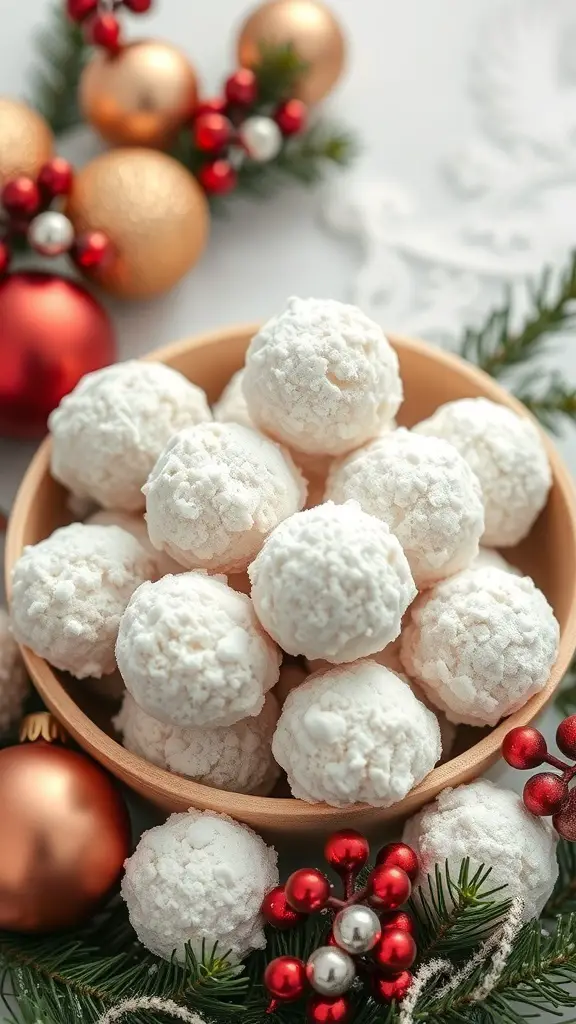 A bowl of snowball cookies dusted with powdered sugar, surrounded by holiday decorations.