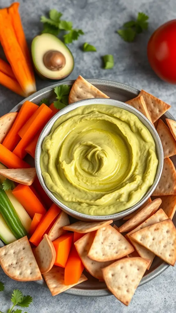 A bowl of creamy avocado hummus surrounded by carrot sticks, cucumber slices, and pita chips.