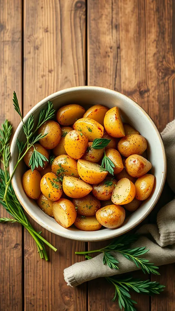 Bowl of roasted baby potatoes with herbs on a wooden table