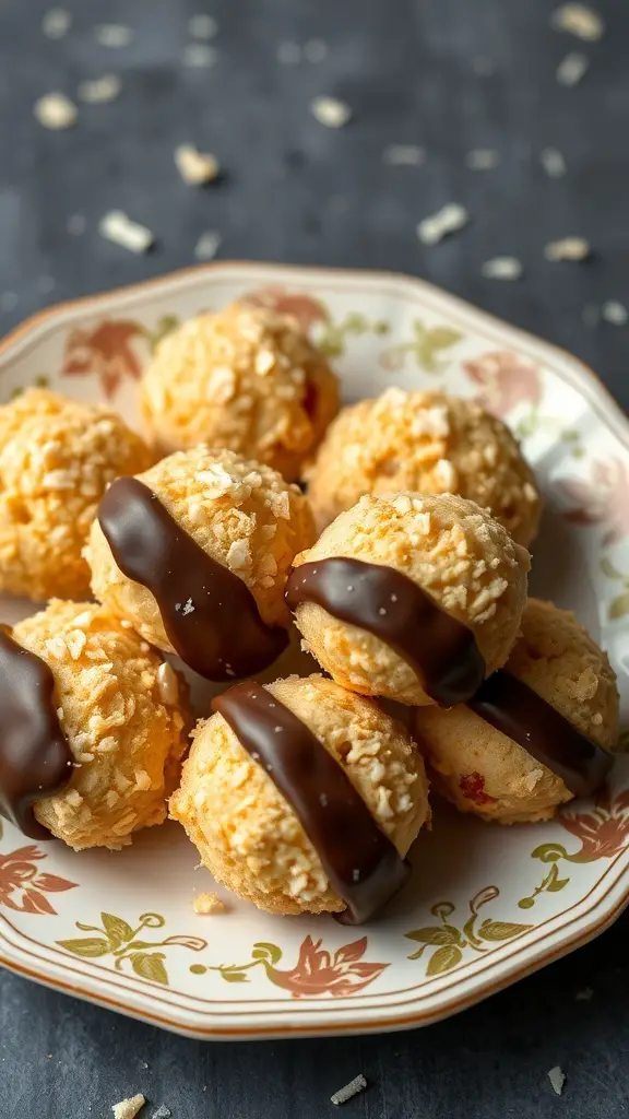 A plate of dark chocolate coconut macaroons drizzled with chocolate.
