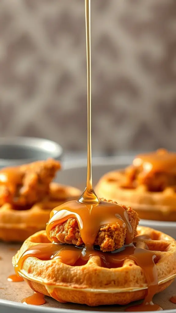 Crispy chicken on waffles with syrup drizzling on top