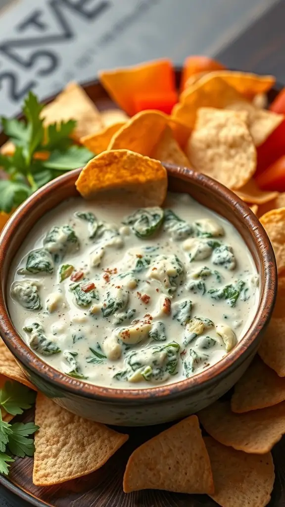 A bowl of spinach and artichoke dip surrounded by tortilla chips and fresh vegetables.