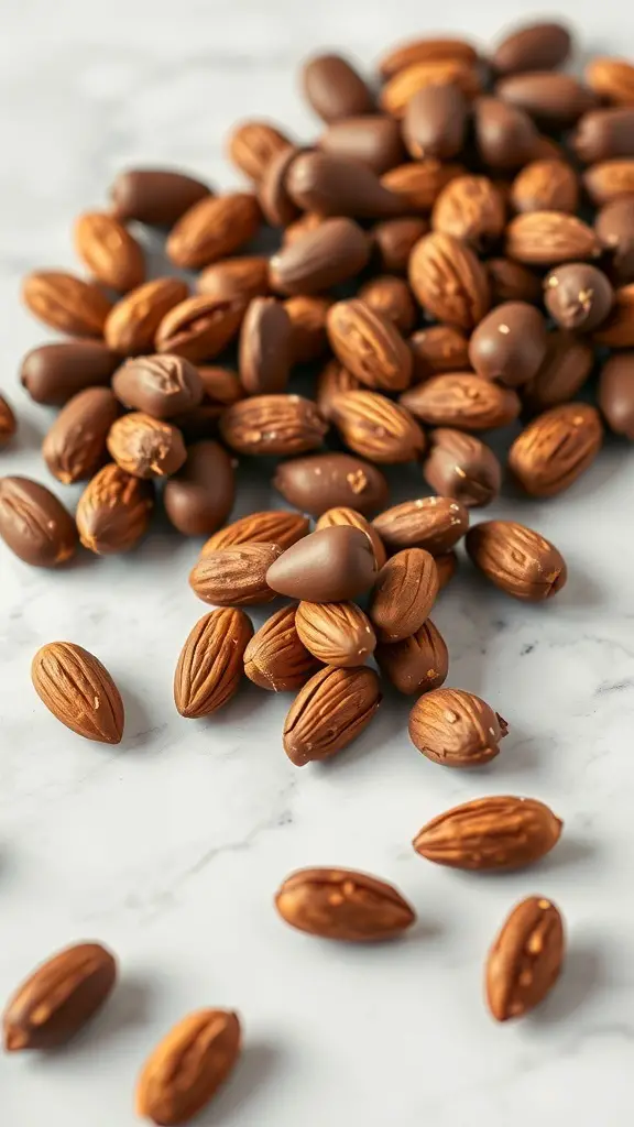 A pile of chocolate almond clusters on a marble surface.