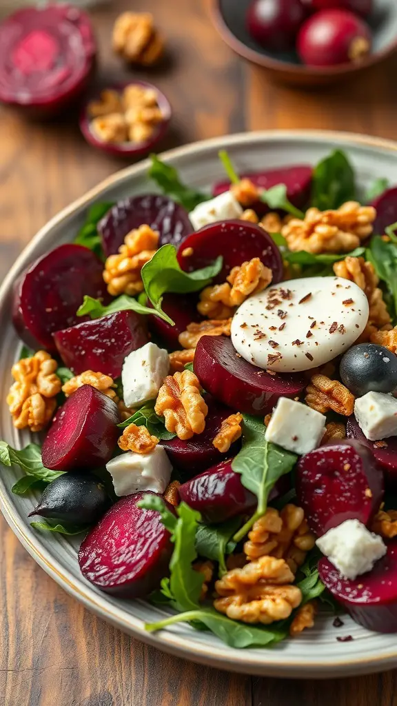 A colorful salad with roasted beets, goat cheese, walnuts, and greens on a wooden table.