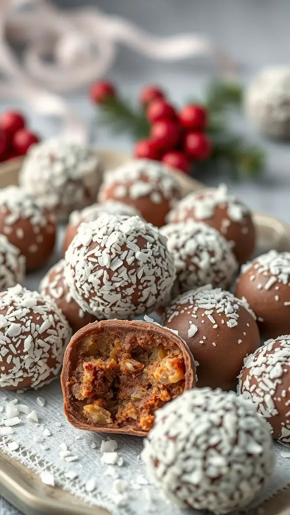 Nutty chocolate truffles coated in coconut, with one truffle cut in half to show the filling.