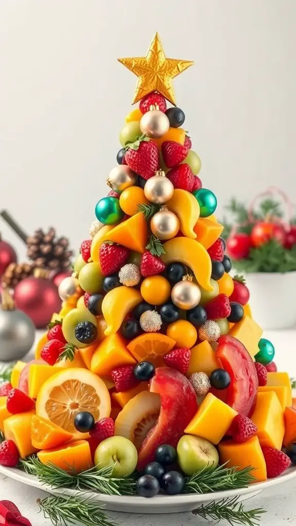 A festive fruit platter shaped like a Christmas tree, topped with a golden star and decorated with colorful fruits.