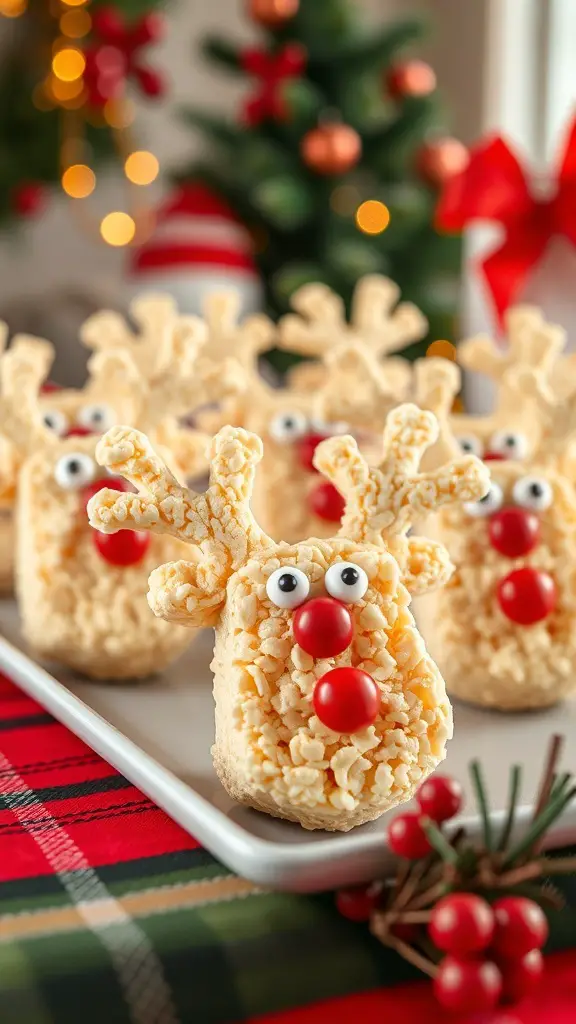 A plate of Rudolph Rice Krispie Treats shaped like reindeer with candy eyes and red noses.