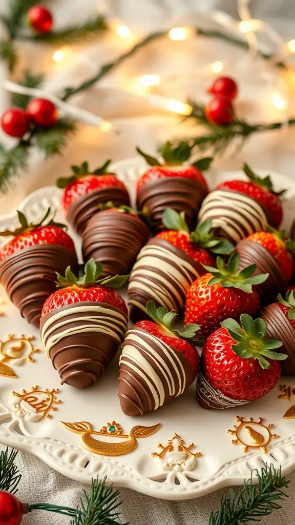 A plate of chocolate-dipped strawberries decorated with festive elements