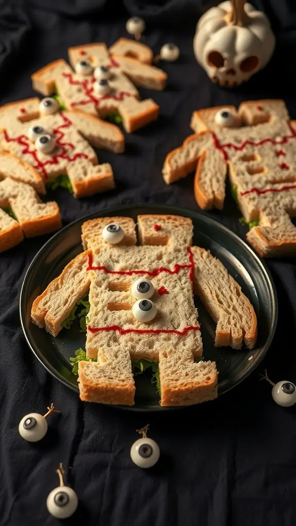 Zombie finger sandwiches shaped like hands with candy eyeballs and ketchup blood