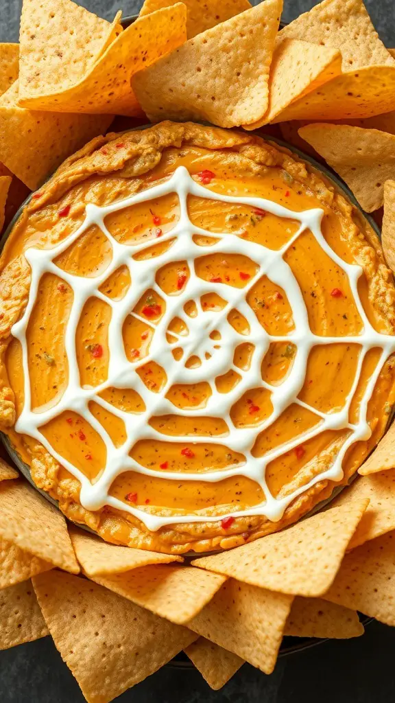 A colorful spider web dip surrounded by tortilla chips, featuring a web design on top.