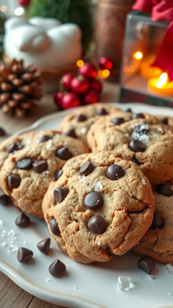 Plate of chocolate chip cookies with sea salt, surrounded by festive decorations