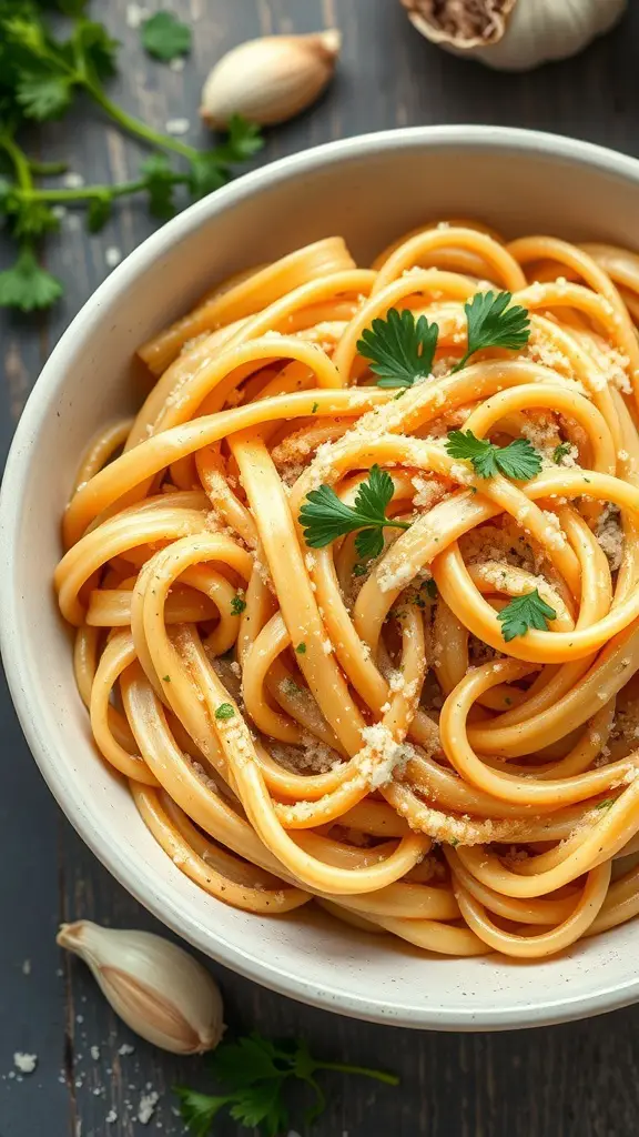A bowl of creamy garlic parmesan pasta garnished with parsley and cheese.