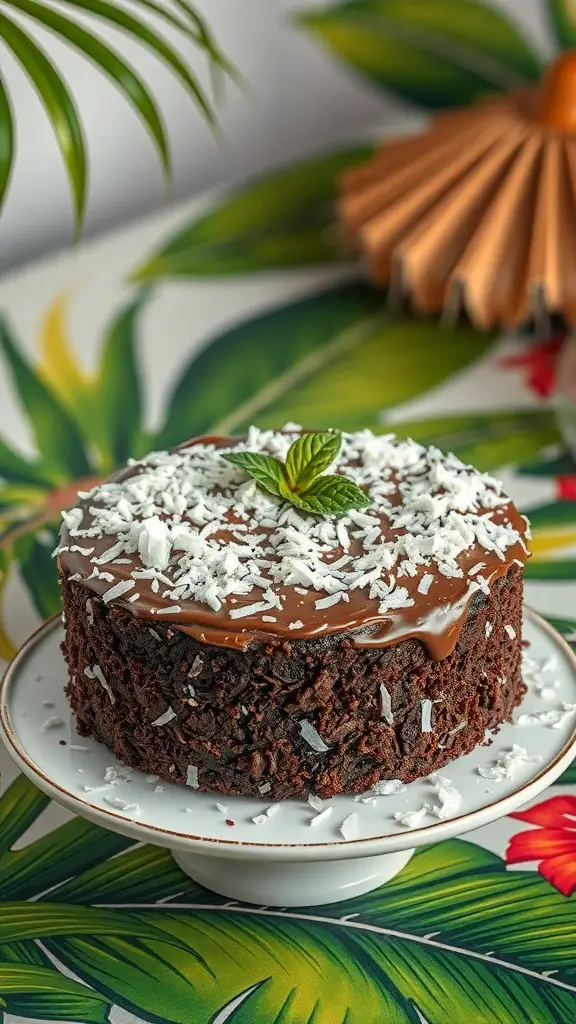 A dark chocolate coconut cake topped with chocolate glaze and shredded coconut, placed on a decorative plate.