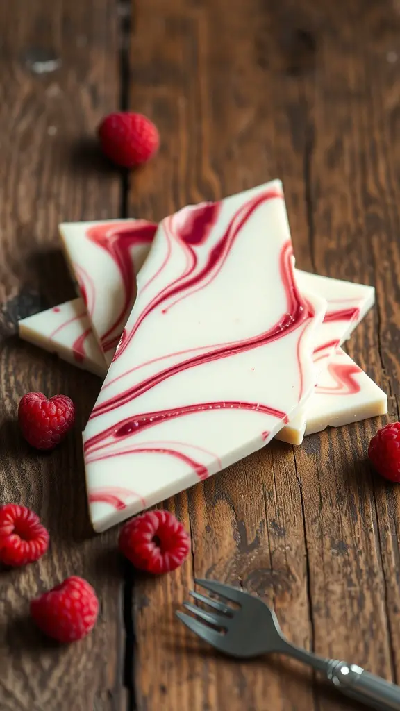 Raspberry Swirl White Chocolate Bark with fresh raspberries