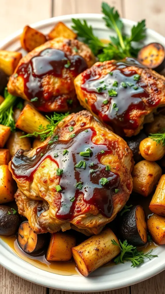 Honey-balsamic glazed turkey thighs served with roasted vegetables